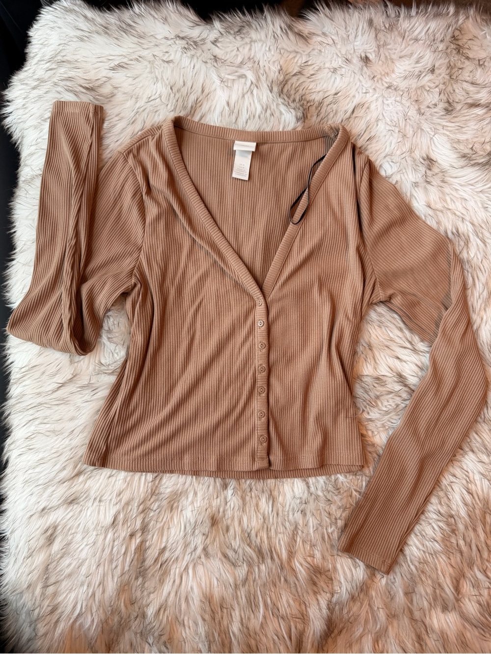 H&M Ribbed Button-Front Long Sleeve Top - Tan